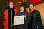 Dean Hughes and Professor Shapiro with Outstanding Student Service Award, Public Policy recipient Marie Virella