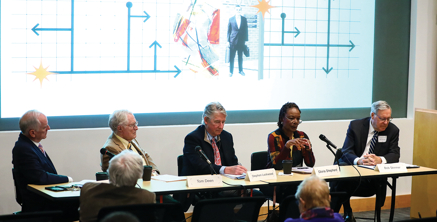 Panelists at the Voorhees Transportation Center’s 25th Anniversary Symposium celebrating the opening of the Alan M. Voorhees Exhibit included (from left to right) Paul Wiedefeld, Secretary, Maryland Department of Transportation; Thomas Deen, Retired Executive Director, Transportation Research Board; Stephen Lockwood, Steve Lockwood LLC, Transportation Institutional Engineering; Gloria Shepherd, Executive Director, Federal Highway Administration and Robert Skinner, Retired Executive Director, Transportation Research Board.