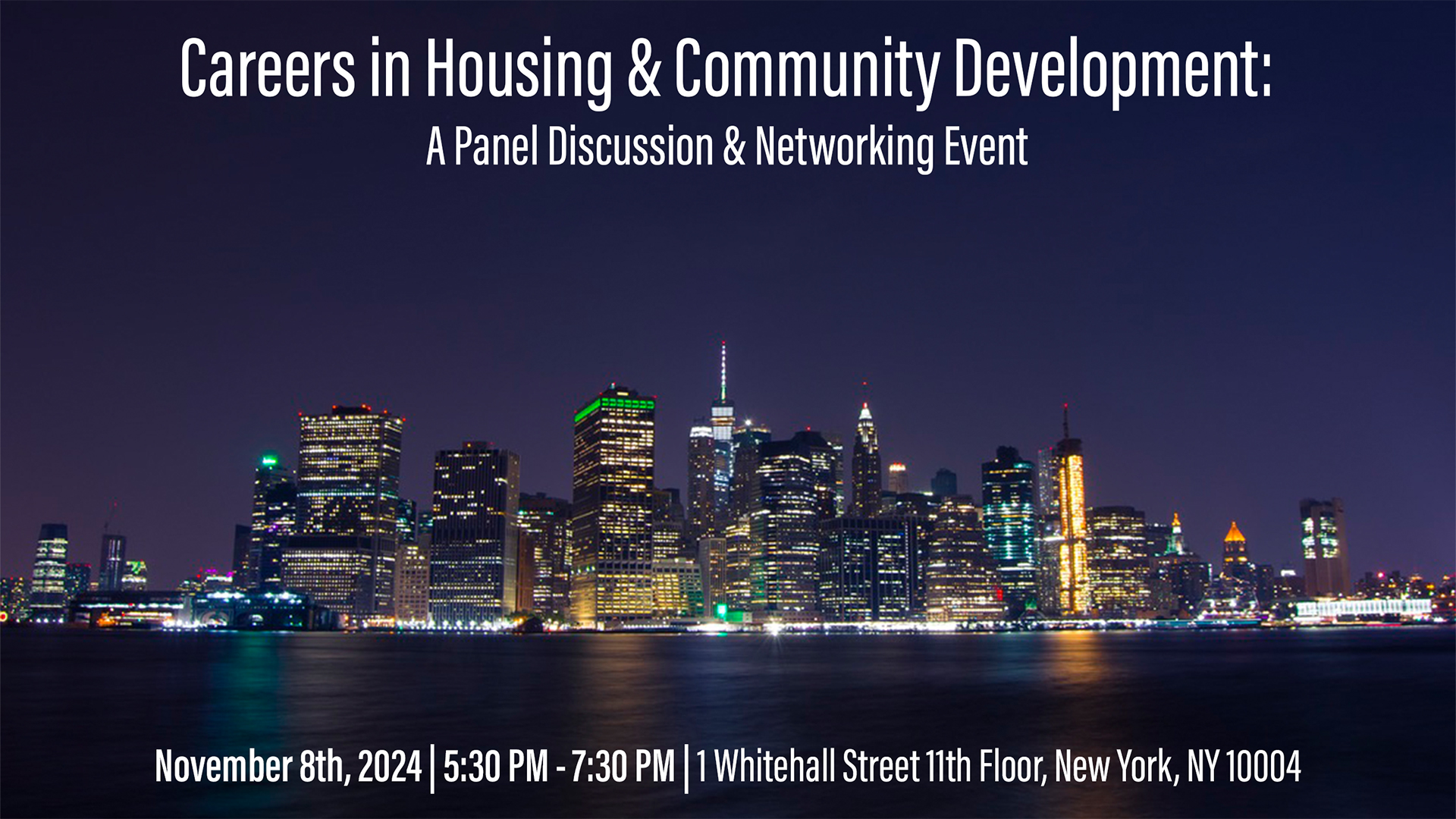 Night view of New York City skyline for Bloustein Housing and Community Development Alumni networking event