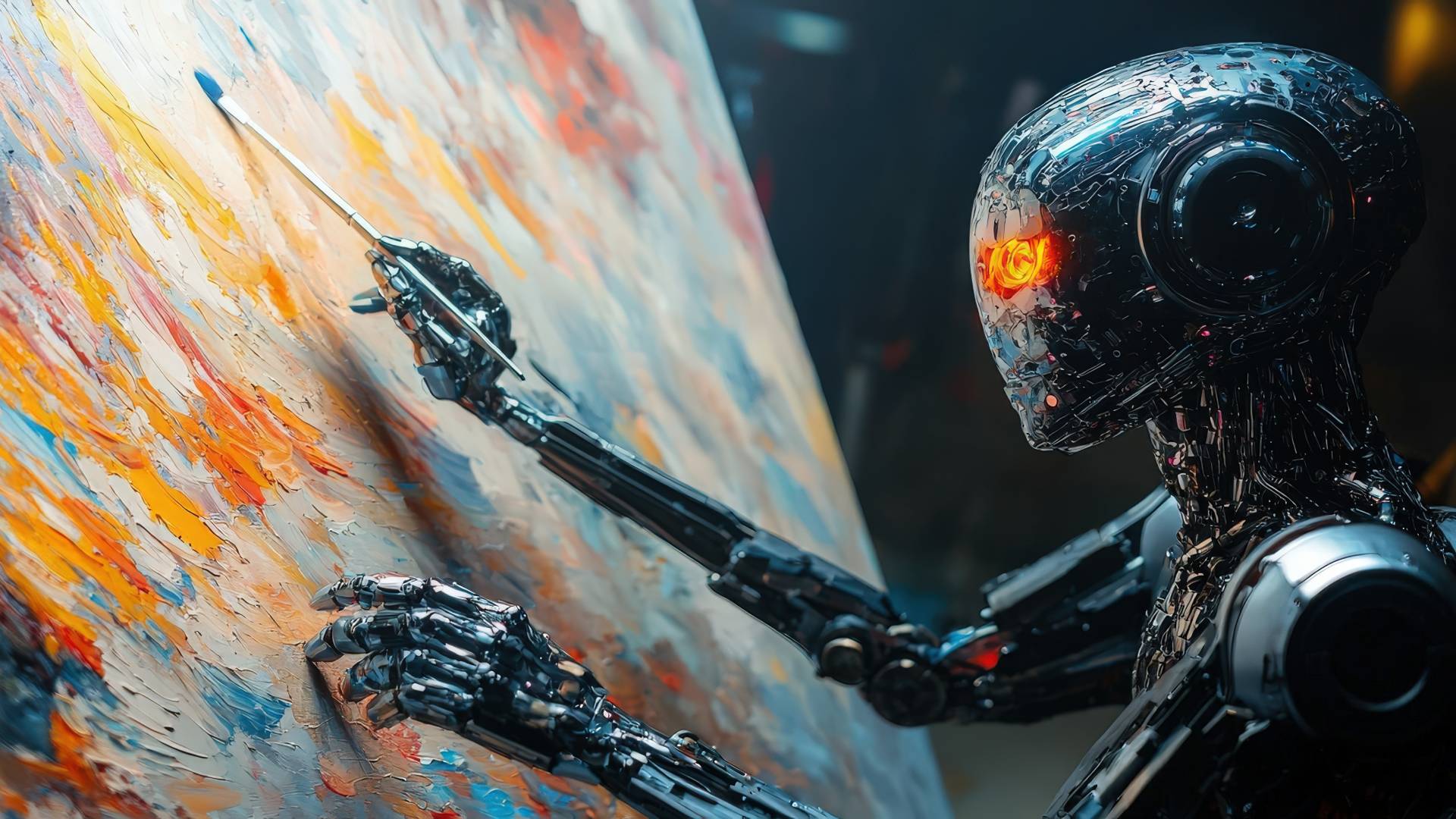 An AI-powered robot artist painting a masterpiece, symbolizing creativity enhanced by artificial intelligence