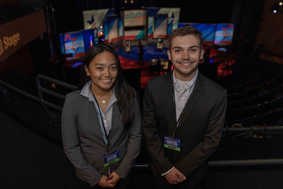 Jake Martinez (Master of City and Regional Planning and President, Bloustein Graduate Student Association) and Alecxis Villapando (B.S. in Health Administration) were among the small audience invited to watch the debate live. Photo by Jeff Arban 