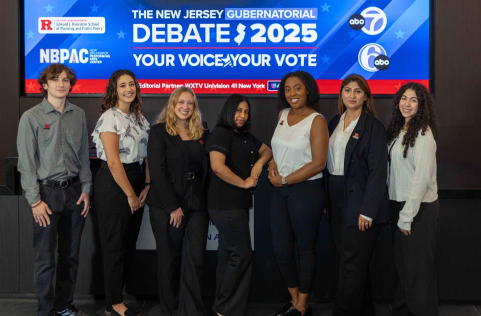 Students from Edward J. Bloustein School of Planning and Public Policy volunteered at the debate: Jake Papa, Caroline Chovanes, Emily Evers, Tara Aldrich, Tiffany Granger, Rimshah Jawad and Dina AbdelfattahPhoto by Jeff Arban 