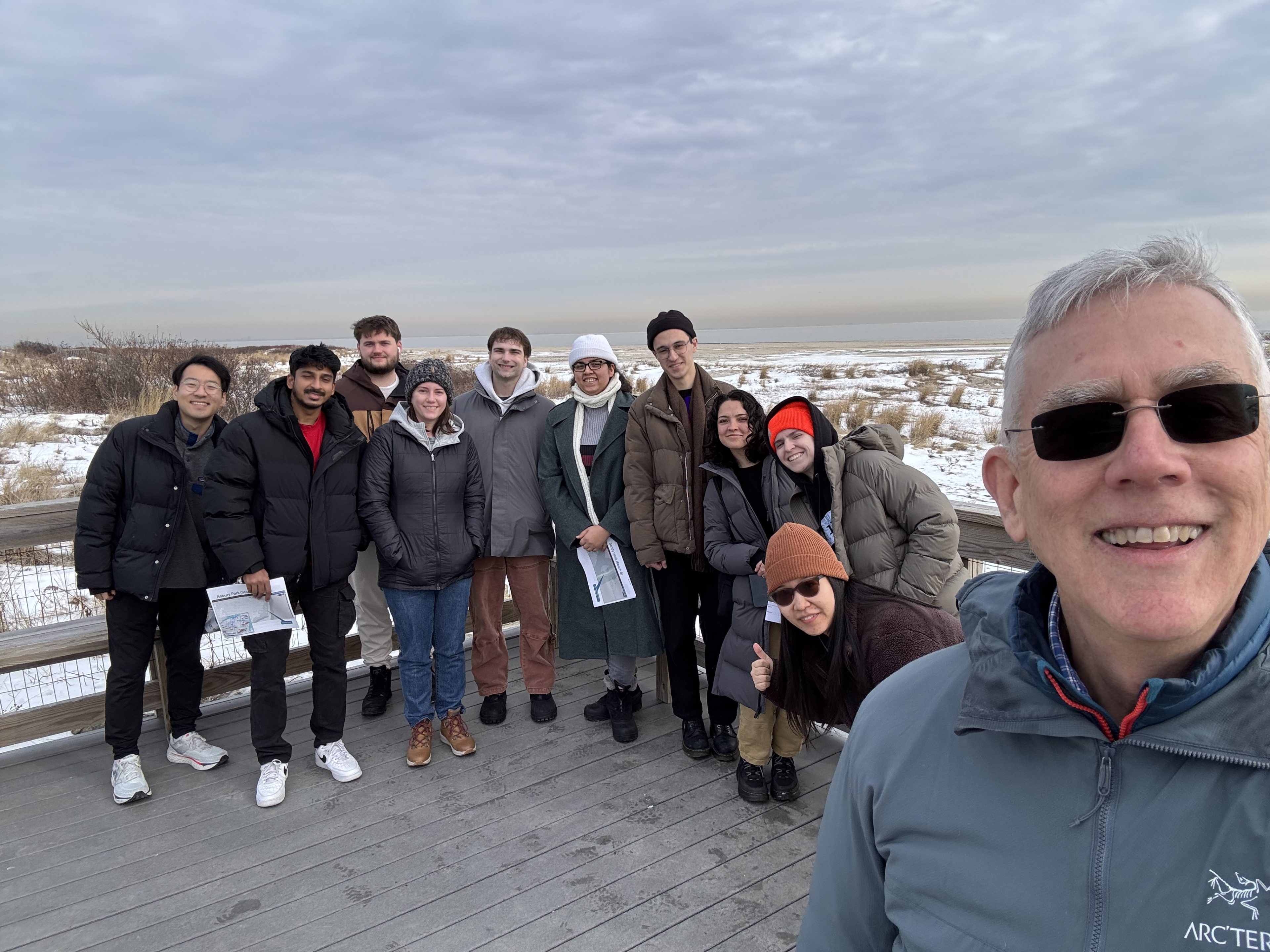 A good group of MCRP, MPI, and PhD grad students. We're investigating the seasonal differences in usage of Jersey Shore resources by means of big data on sewage flows, traffic counts, and mobile phone usage. Field trip went along the Atlantic coast from Sandy Hook (shown) to Asbury Park. 