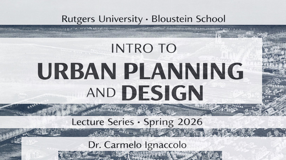 Intro to Urban Planning and Design Lecture Series Spring 2026 events promo. Features black text on gray and dark blue background.