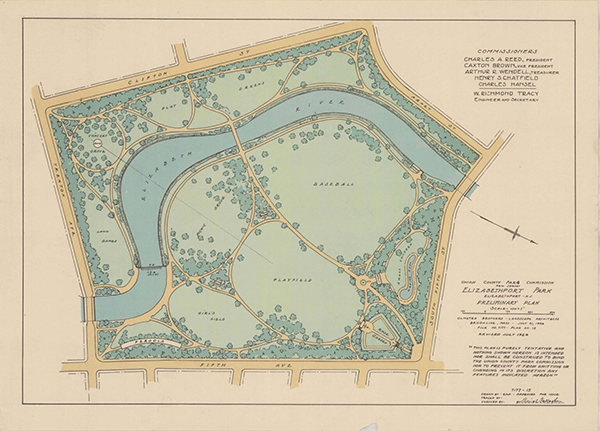 Fig. 1 – Elizabethport Park (Now Mattano Park), Elizabethport, N.J.: Preliminary Plan, 1928. Union County Park Commission. Lithograph, project 07177. Olmsted National Historic Site, Brookline, MA. Courtesy of the United States Department of the Interior, National Park Service, Frederick Law Olmsted National Historic Site.