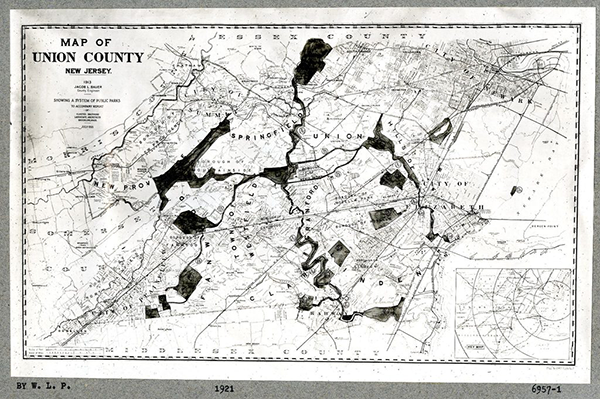 Fig. 3 – Union County Park System annotated by Olmsted Brothers. Olmsted Brothers, project 6957, Union County Park Commission, Olmsted National Historic Site, Brookline, MA, July, 1921. Courtesy of the United States Department of the Interior, National Park Service, Frederick Law Olmsted National Historic Site.