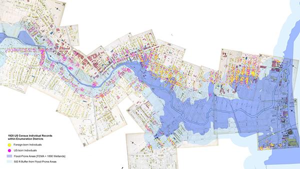 Fig. 4 – Georeferenced individual-level U.S. Census records by enumeration district, overlaid on a mosaic of 1921 Sanborn maps along the Elizabeth River, reveal a higher concentration of foreign-born residents (yellow points) closer to the working waterfront. Individual records shown here were extracted from flood-prone areas and locations within 500 feet of flood-prone zones. Source: ReMapping Olmsted (2026).