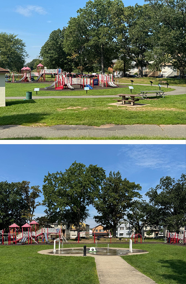 Fig. 6 – (Top) The area formerly occupied by the wading pool is now used as a playground; the shape of the play surface closely follows the outline of the former pool. (Bottom) The splash pad and water features in use in September 2026. Source: Carmelo Ignaccolo (2026).