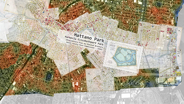 Georeferenced 1928 plan of Mattano Park in Elizabeth, contextualized with 1920s Sanborn maps and July 2025 land surface temperature data for the City of Elizabeth, New Jersey. Source: ReMapping Olmsted (2026).